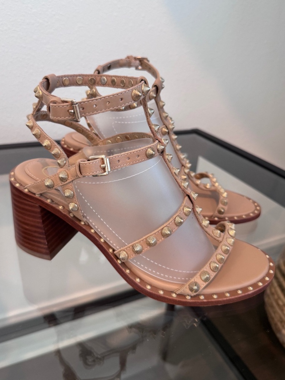 ASH Women’s Jen Leather Studded Block Heel Sandals Nude Color Size 36/US5.5-6
